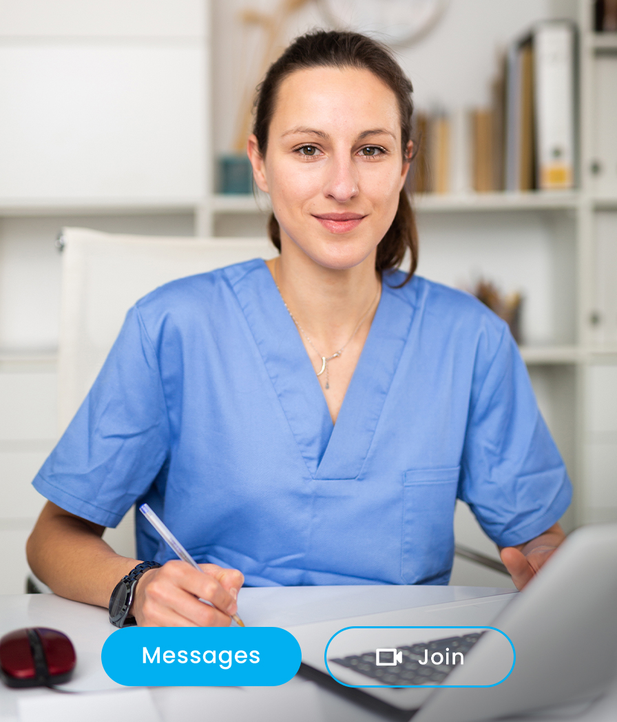 Dentist in blue scrubs with dark hair creating a virtual dental plan for a Dentistry.One patient.