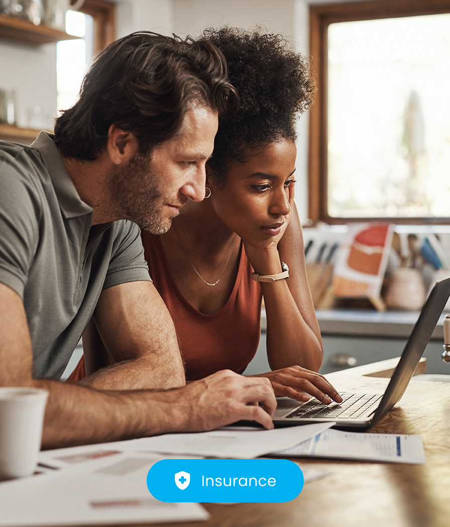 Individuals looking at a laptop with an "Insurance" button overlay, representing affordable personalized virtual dental care.