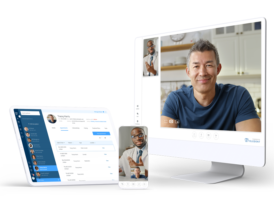 TeleDent by MouthWatch. Computer screen, phone, and tablet displaying virtual dental consultations, showcasing the flexibility and accessibility of Dentistry.One’s care solutions.